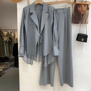 Femmes deux pièces pantalons cravate petit haut costume droit jambe large deux pièces ensemble pour manches longues 2023 été Style tempérament