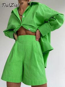 Tweedelige broek voor dames Tiulzial Casual Short Set Tracksuit Loungewear Outfits Oversized Long Shirt en High Taille Shorts Green 230511