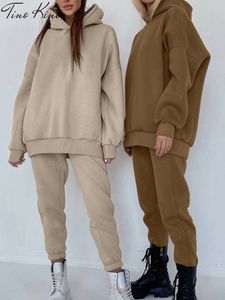 Femmes deux pièces pantalons survêtement polaire à capuche ensemble sweat large survêtement ensembles femme automne décontracté dame vêtement de sport 221123