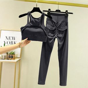 Dames tweedelige broek trainingspak leggings yoga set zak hoge taille sportkleding beha fitness training fietsen sport pak gym outfit kleding