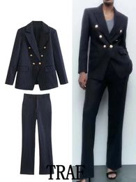 Tweedelige damesbroek TRAF-Blazer Croise a Rayures pour Femme Ensemble 2-delig Veste Manteau Pantalon Lang Slank Decontracte a la Mode 231205