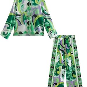 Pantalon de deux pièces pour femmes TRAF Costume Summer Set Femmes 2 pièces Pantalon de plage imprimé à manches longues chemisier vert pantalon droit grand satin décontracté 221007