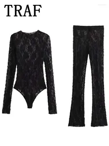 Vrouwen Tweedelige Broek Traf Vrouwen Pakken 2024 Sexy Kant Transparant 2 Stuks Set Bodysuit Top En Legging Outfit