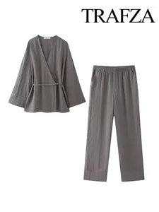 Tweedelige broek TRAFZA 2-delige retro gestructureerde dubbele rijstige kimono-stijl jas elastische taillezakken en pyjama losse broek