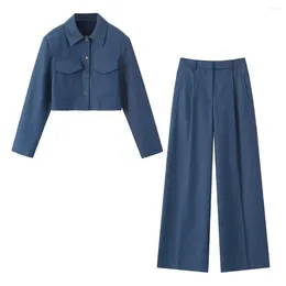 Pantalones de dos piezas para mujer 2023 otoño elegante mujer frente plisado cintura alta femenina manga larga con bolsillos de solapa abrigo recortado 2 set