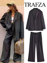 Pantalon de deux pièces pour femmes TRAFZA 2023 Femme Automne Oversize Manteau Costume Bureau Femmes Blazer Élégant Manteaux Vestes Rayées Tenues Veste 231123