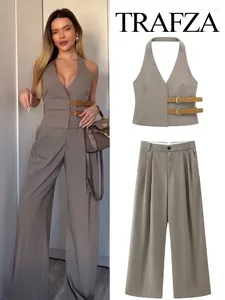Pantalon de deux pièces pour femmes Trafza 2024 Mode vintage avec ceinture gilet femelle Chic Tops Femmes Boustouflé sans dos