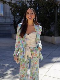 Pantalon de deux pièces pour femmes Trafza Summer Fashion Floral Satin Texture Costume Veste Section mince Taille haute Dos élastique imprimé 231124