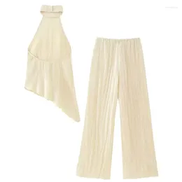 Pantalones de dos piezas para mujer, conjuntos de moda para mujer, dobladillo Irregular de verano, Tops con tirantes y cuello Halter con pliegues, pierna ancha texturizada