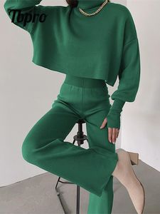 Tweedelige broek voor dames Turtleneck losse bijgesneden toppak Chic Long Sleeve pullover tops Hoge taille Suits Autumn Winter Casual Set 230310