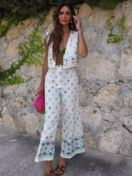 Pantalones de dos piezas para mujer, cárdigan estampado con cuello en V, chaleco, pantalón de pierna ancha, trajes de verano para mujer, conjuntos informales bohemios de lino 2023, vacaciones elegantes