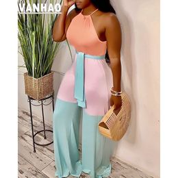 Vrouwen Tweedelige Broek VANHAO Zomer Vrouwen Mode Contrast Kleur Bandage Lange Jumpsuit Dames Sexy Halter Skinny Romper Groothandel Drop 230703