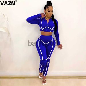 Pantalon deux pièces pour femmes VAZN 2020 Striped Bandage Femmes Casual Shinny Outfit Deux Pièces Ensemble Manches Longues O-cou Pantalon Complet Sport Running Ensembles J230713