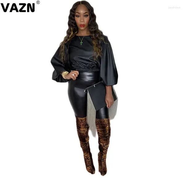 Pantalones de dos piezas para mujer VAZN 2024 Otoño Conjunto de cuero negro Diario elegante Oficina de gama alta Grupo de manga larga Mujeres delgadas 2