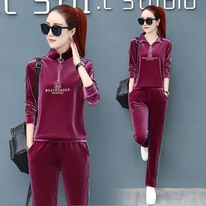 Pantalons à deux pièces pour femmes Velvet Tracksuit 2 Set Femmes Tentille Spring Automne Stand Collar Casual Long Mancheve Tops et costume Jogging Sweins Sweins