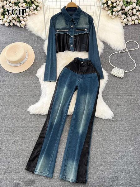 Pantalones de dos piezas para mujer VGH Hit Color Set para mujer solapa manga larga Top corto cintura alta pantalones vaqueros de pierna ancha conjuntos de mezclilla Casual moda femenina