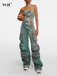 Pantalon de deux pièces pour femmes VGH Streeetwear Hit Color Denim Combinaisons pour femmes sans bretelles sans manches à l'épaule taille haute chic combinaison vêtements féminins 231031