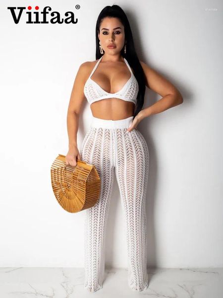 Pantalon de deux pièces pour femmes Viifaa Beach Peice Set pour femmes Été 2023 Tricot Crochet Assortiment Ensembles Halter Top et Sexy Hollow Out Tenues