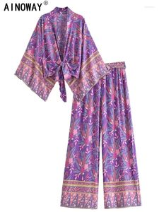 Dames Tweedelige broek Vintage Chic Dames Paarse bloemenprint Outfits Korte kimono Robe Boheemse pakken Wijde pijpen 2-delig Rayon Boho-sets