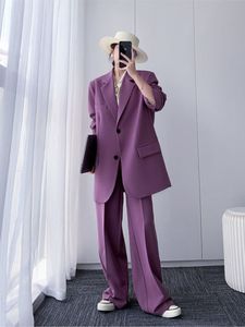 Pantalon de deux pièces pour femmes Vintage Office Lady Costume Veste violette Style coréen Mode à manches longues Twopiece Casual Blazer Ensembles 230131