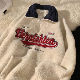 Tweedelige broek Vintage punk sweatshirt voor dames casual vneck letter borduurwerk hoodies Harajuku honkbal lambswool oversized pullovers top 230204