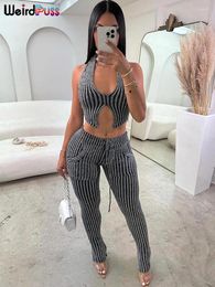 Pantalon de deux pièces pour femmes bizarre Blue Striped Femmes décontractées Crochet Halter Deepv-Neck Vest Pocket Skinny Stretch Matching Tenues