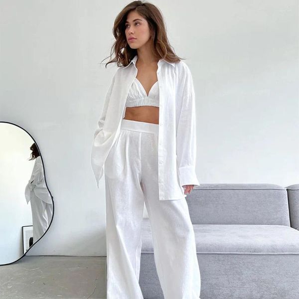 Pantalon de deux pièces pour femmes Ensemble décontracté blanc pour femmes Blouse de vacances élégante Chemise et pantalon long Tenues Pantalon taille haute Costume 2023