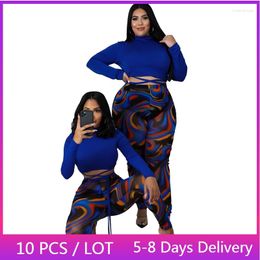 Dames tweedelige broek groothandel artikelen mode sexy 2 sets dames herfstkleding mager cluboutfits bandage crop top mesh bedrukte leggings 4XL