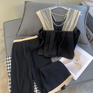 Tweedelige damesbroek met wijde pijpen, zwarte op maat gemaakte broek, sexy Y2K-broekpakken, slank hemdje, tanktops, 2 sets, mouwloze T-shirts, strikketting