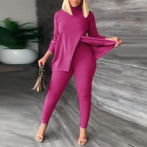 Pantalon deux pièces pour femmes mode hiver ensemble deux pièces couleur unie à manches longues décontracté fendu t-shirt Leggings femmes minces