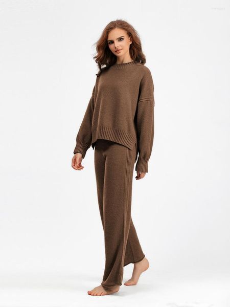 Pantalon deux pièces pour femme, ensemble pantalon en tissu épais, pull et pantalon à jambes larges, costume d'hiver, rose et marron, 2 pièces