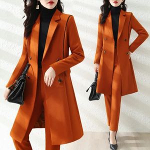 Pantalon de deux pièces pour femmes Femmes d'hiver Travail Business Wear Pantalon Costume Dames Orange Noir Double Boutonnage Long Blazer Veste Pantalon Formel 2