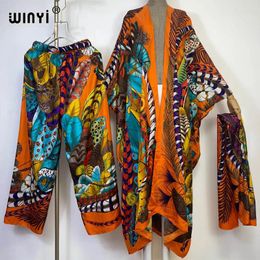 Pantalones de dos piezas para mujer WINYI 2024 Traje de dos piezas con cinturón para la cabeza Boho Elagant Impreso Kimonos Batwing Manga Mujeres Seda Longitud del piso Moda