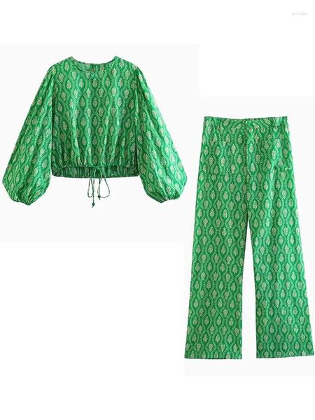 Pantalon de deux pièces pour femmes Femme 2 ensembles de chemisier court 2023 Mode vert imprimé femmes costume pièces décontractées tenues