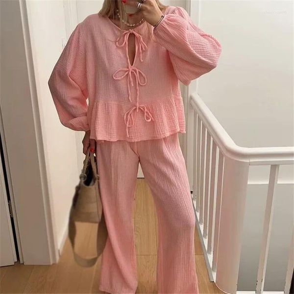 Pantalon à deux pièces pour femmes Femme Casual Pink Lacing Shirt Suit 2024 Printemps Summer Girls Sweet Solid Shirts Cost Femme Soft 2 PCS