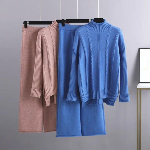Pantalones de dos piezas para mujer Conjuntos de piezas de punto grueso para mujer Suéteres de jersey de cuello alto medio cálido y trajes de suéter de pierna ancha G598