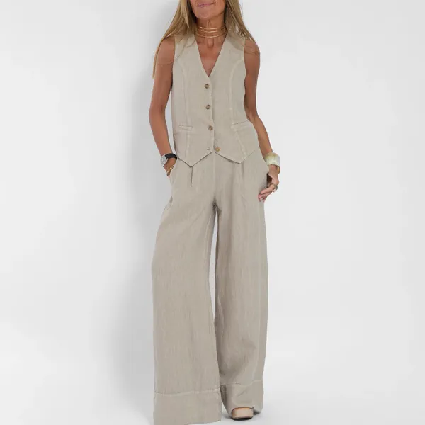 Pantalon de deux pièces pour femmes 2 Blazer Set Coton Cotton Linen Sans manches bouton Vie vers de la jambe large Vêtements esthétiques