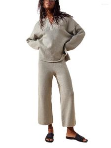 Pantalones de dos piezas para mujer Conjunto de pijama casual de talla grande para mujer Conjunto de pijama de manga larga con botones y cuello en V Tops de punto y