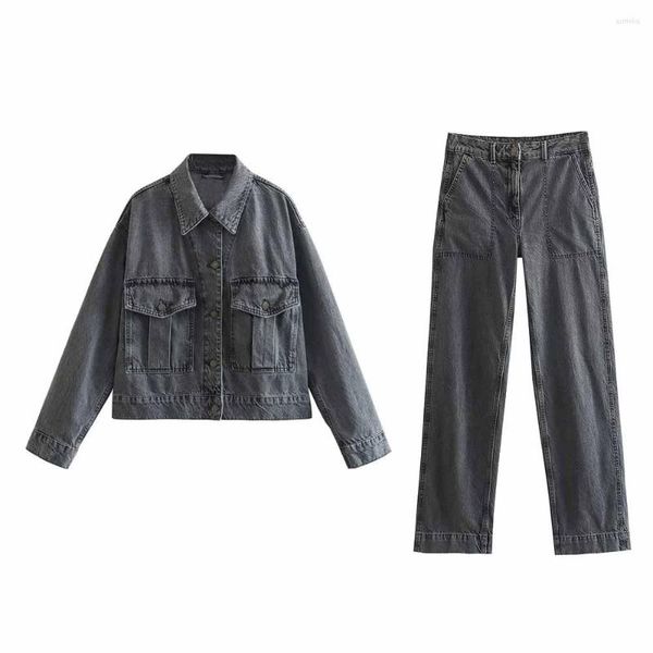 Femmes deux pièces pantalons femmes 2023 automne et hiver mode poche décoré Denim veste décontracté rétro courts manteaux femme taille haute