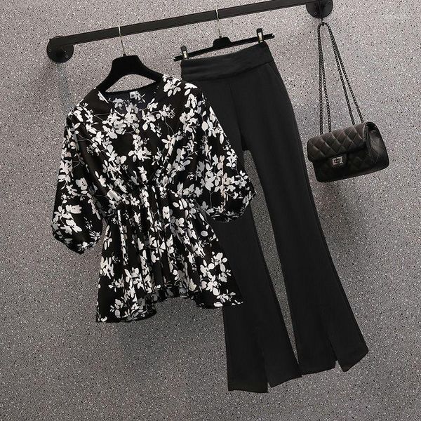 Femmes deux pièces pantalons femmes 2023 été mode coréenne 2 ensemble à manches courtes imprimé fleuri chemise taille haute longue Flare costume hauts F83