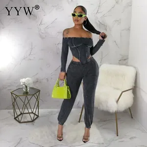 Dames tweedelige broek Dames 2024 Slim Long Jumpsuit Off Schouder Vrouw Volledige mouw 1 Trouser Sets Hollow Out Sport Fashion Cloths