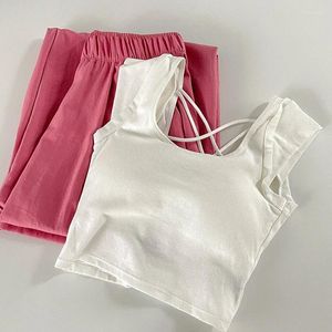 Pantalon de deux pièces pour femmes 2pcs survêtements Backless Pullover Blanc blancs cardés tops avec pad élastique rose