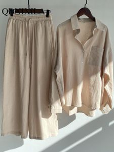 Pantalones de dos piezas para mujeres de dos piezas de 2 piezas de algodón de gran tamaño y camisa de lino