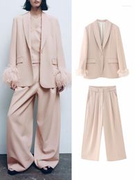 Femmes deux pièces pantalons femmes 2023 printemps mode plume garniture bouton unique droite Blazers jambe large taille haute rose clair deux pièces