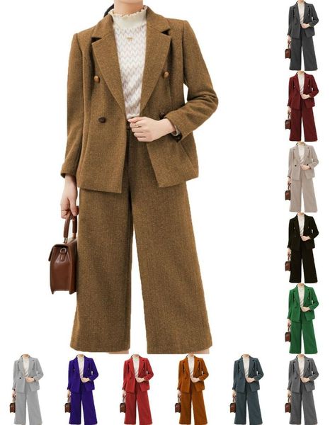 Pantalones de dos piezas para mujer, traje de Tweed de espiga para mujer, chaqueta de traje de 2 piezas, abrigo ajustado, esmoquin, conjunto exterior de trabajo de negocios de lana Vintage para mujer