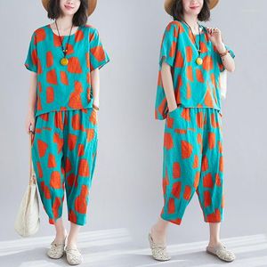 Femmes deux pièces pantalons femmes loisirs grande taille ensemble de vêtements 2023 été mode lâche coréen à manches courtes haut costume dames Q527