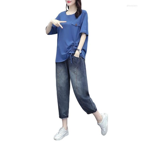 Pantalones de dos piezas para mujer, conjunto de piezas de moda de verano 2022 para mujer, Tops holgados para mujer, pantalones vaqueros de pierna ancha, 2 conjuntos, atuendo informal para mujer