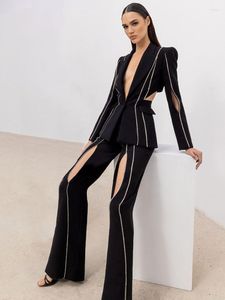 Pantalon deux pièces femme Balck Blazer Ensemble deux pièces sexy col en V évider diamant manches longues costume évasé Club Party Tenue de soirée