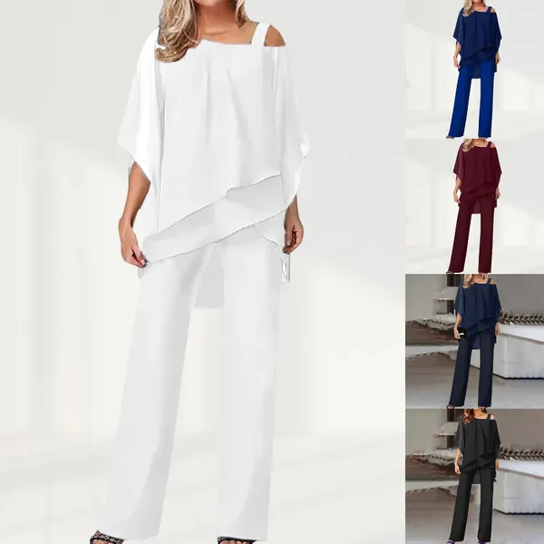 Pantalon de deux pièces pour femmes Femmes Batwing Sleeve Top Pantalon Ensembles Élégant Mousseline de soie Pantalon ample Ensemble Casual Chic Ourlet asymétrique Soirée de mariage