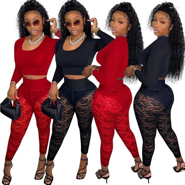 Pantalones de dos piezas para mujer Mujeres Negro / Rojo 2pcs Trajes de manga larga O Cuello Top corto y remiendo de encaje Ver a través de pantalones sexy Fitness